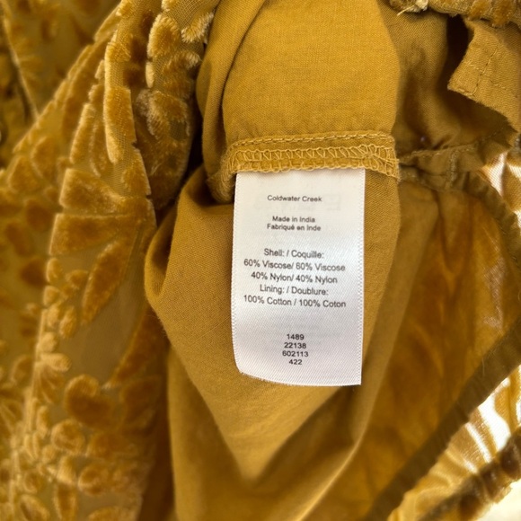 Coldwater Creek Mustard Yellow Velvet Burnout Blouse Size Small Floral Boho - Picture 12 of 16